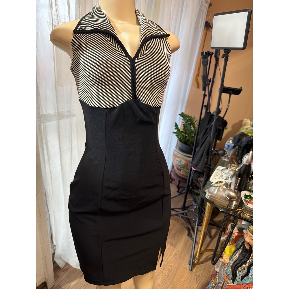 Vintage Shes Striped Halter Mini Dress Black White Bodycon Size S Made in USA